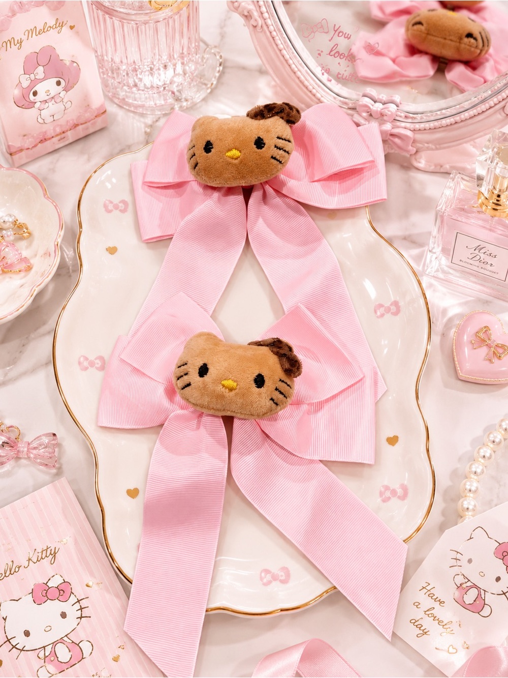 2 piece Hello Kitty Pink Bow Clip Set Cute Plush Hair Bows Sanrio kawaii clip